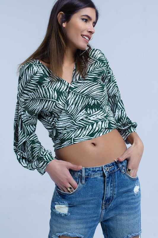 Blouse imprimée feuille verte avec col plongeant