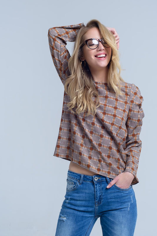 Top marron avec imprimé à carreaux