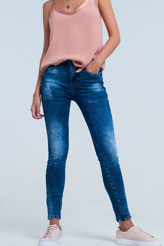 Jean skinny taille haute Délavage bleu vif