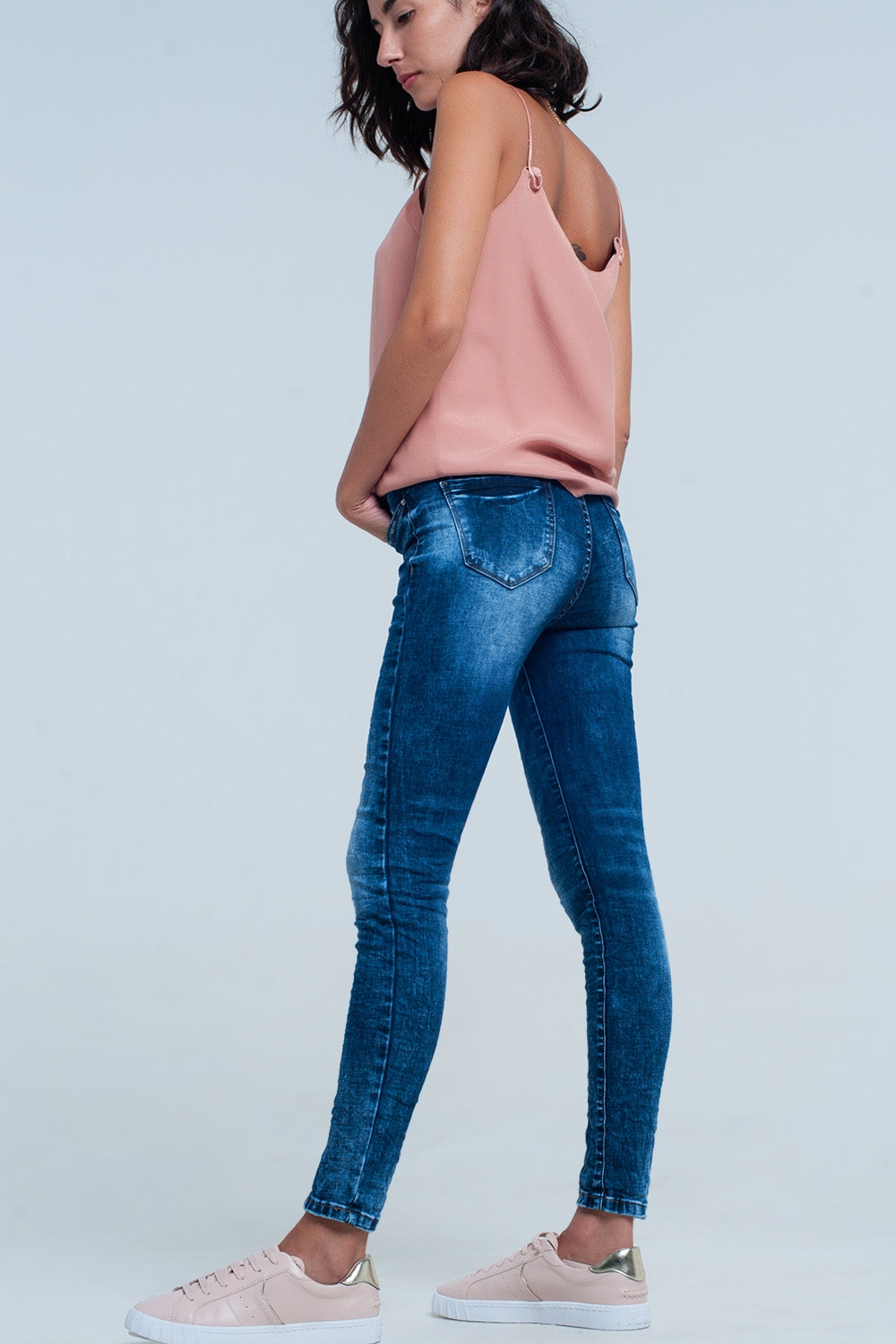 Jean skinny taille haute Délavage bleu vif