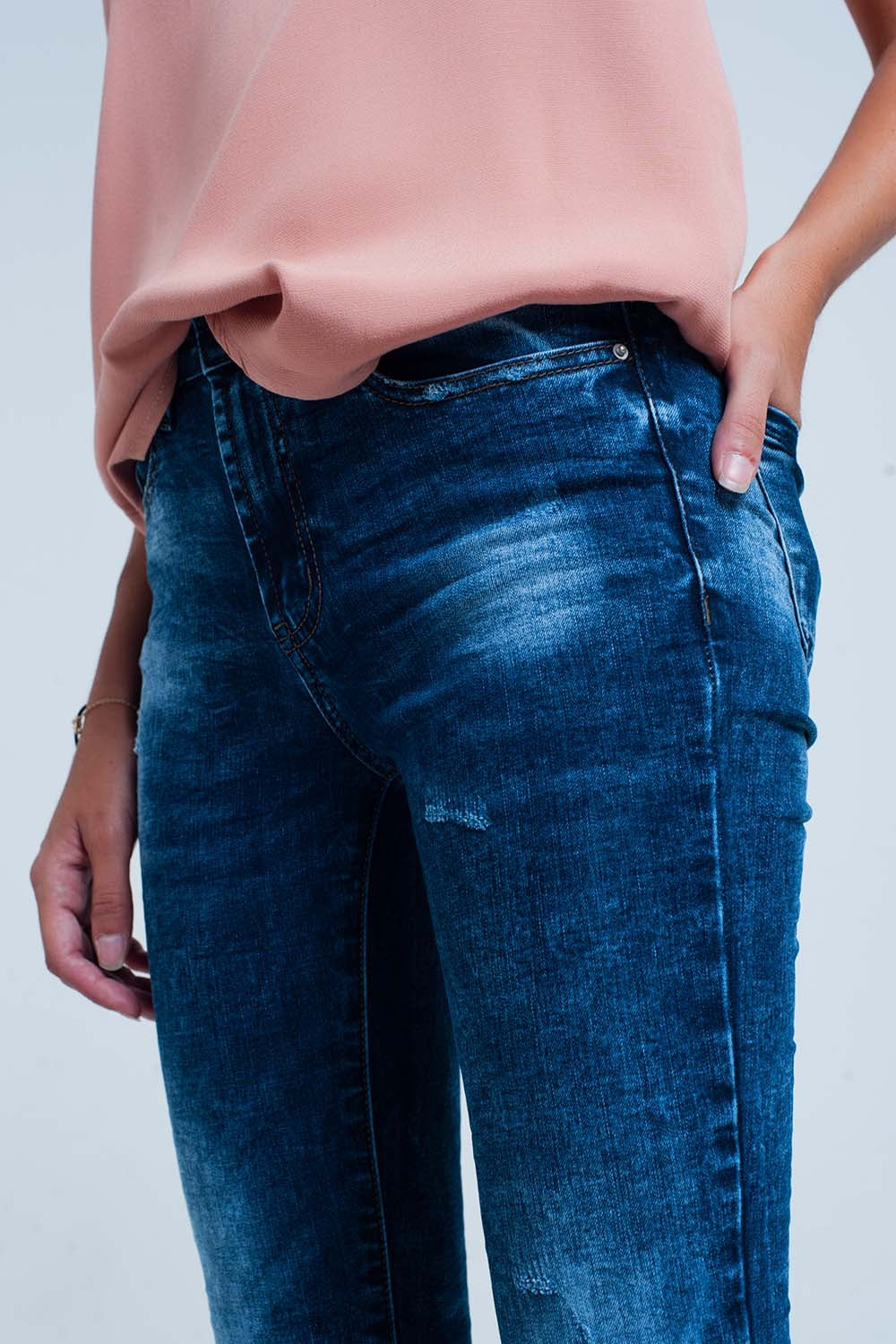 Jean skinny taille haute Délavage bleu vif
