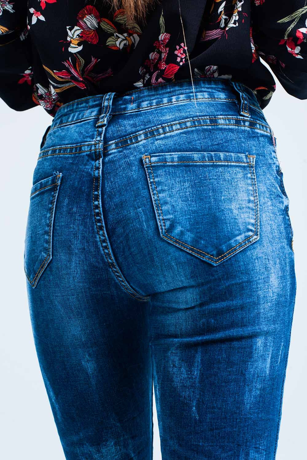 Jeans Skinny Bleu ridée taille haute