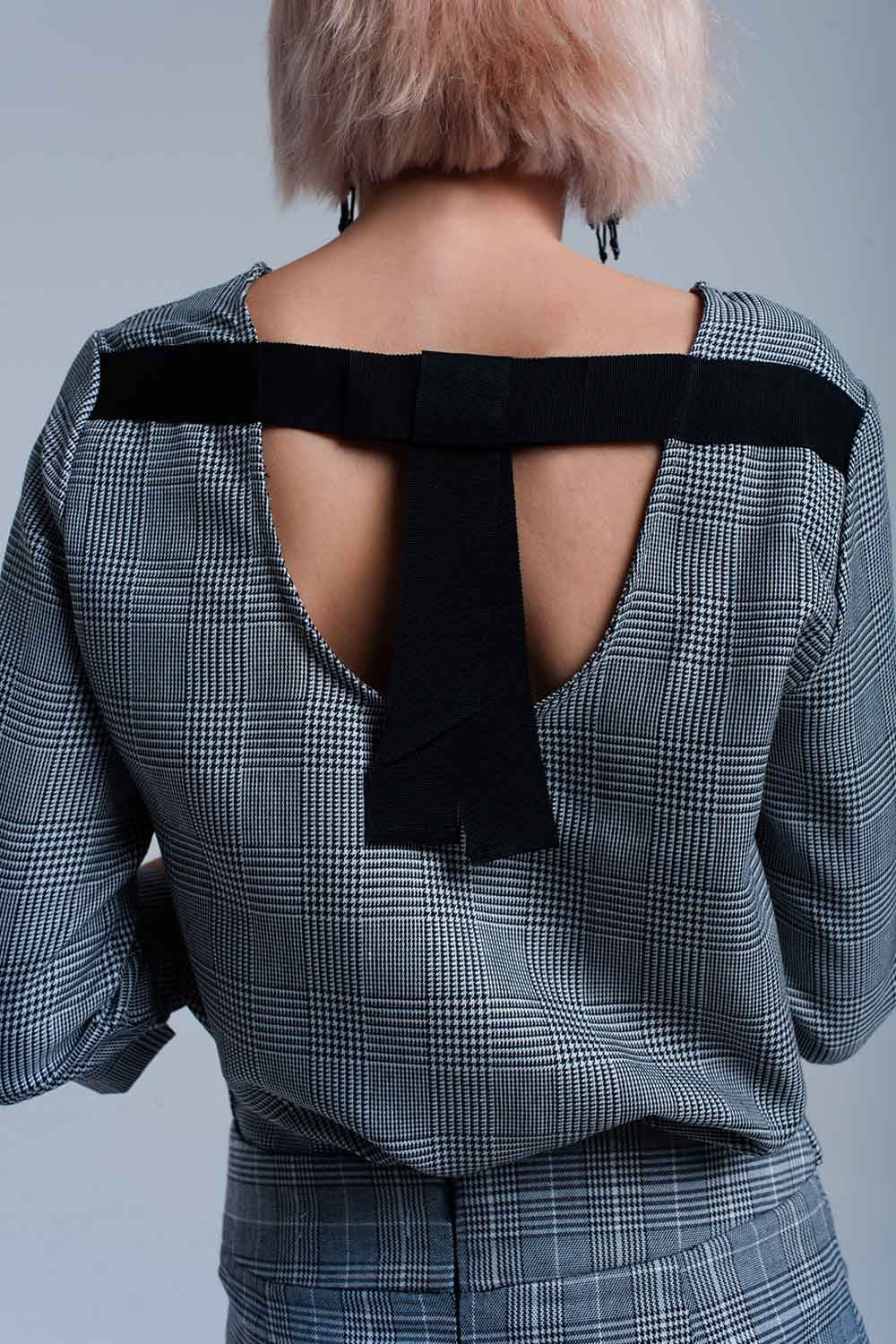Top à motif tartan gris avec rubans