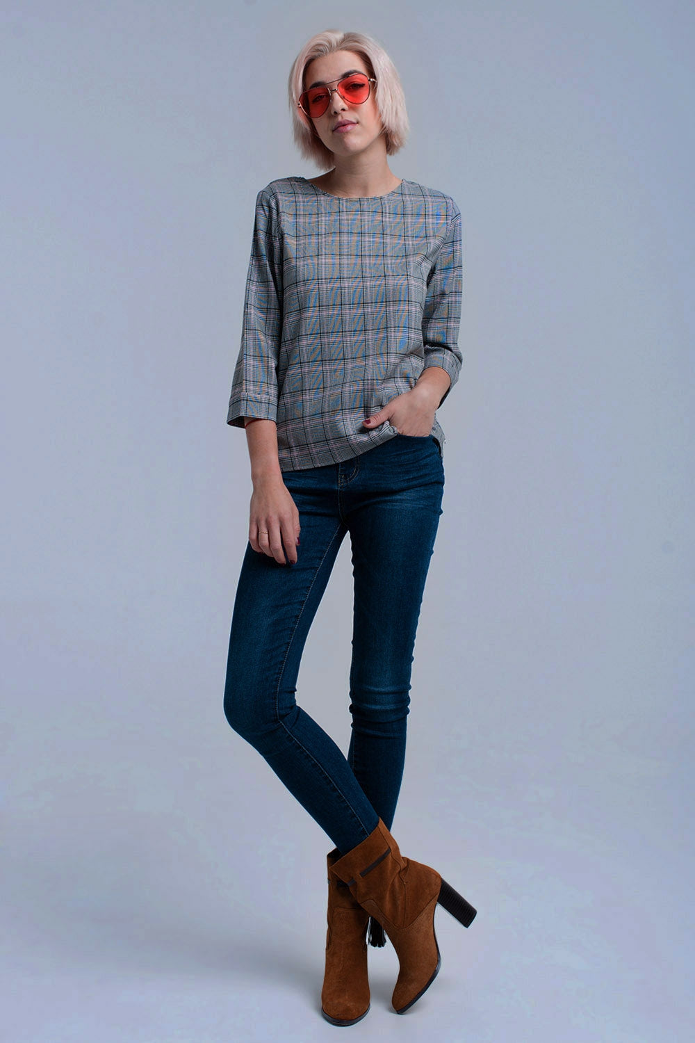 Top à motif tartan rose avec rubans