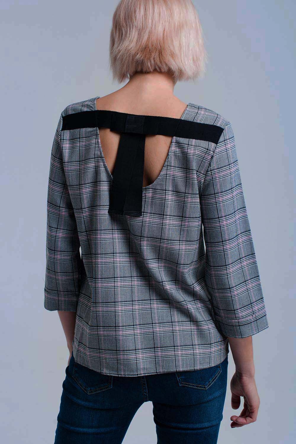 Top à motif tartan rose avec rubans