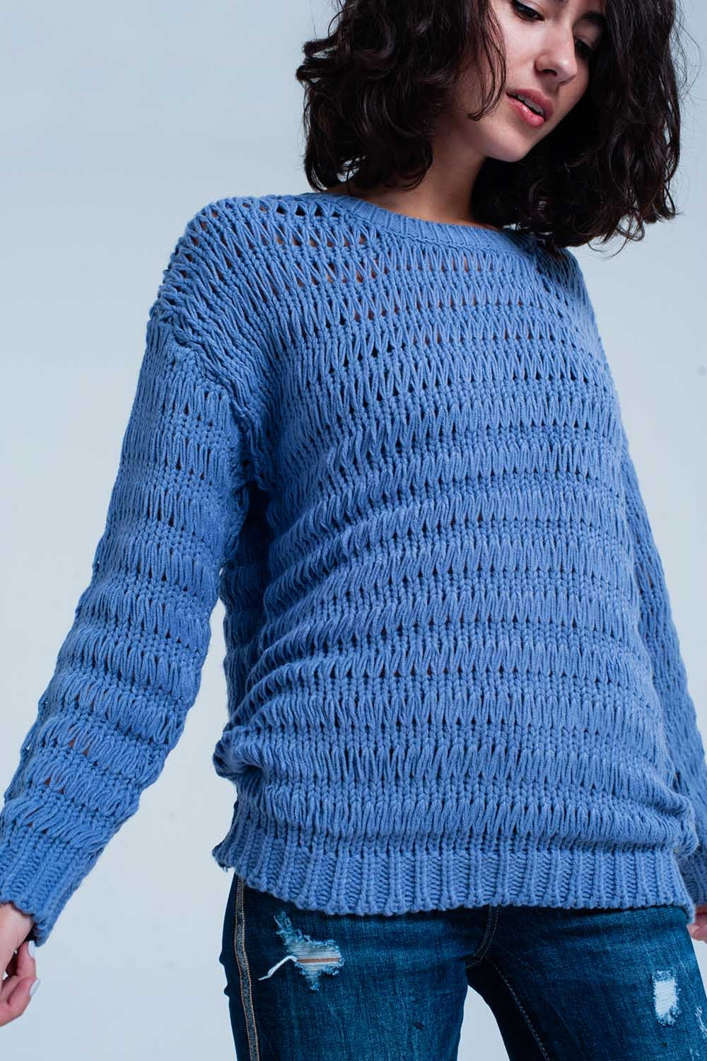 Pull tricoté gros bleu