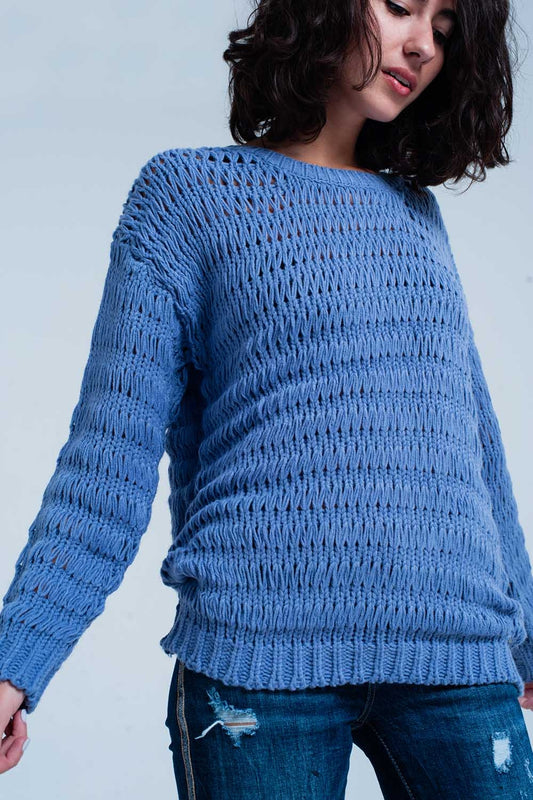 Pull tricoté gros bleu