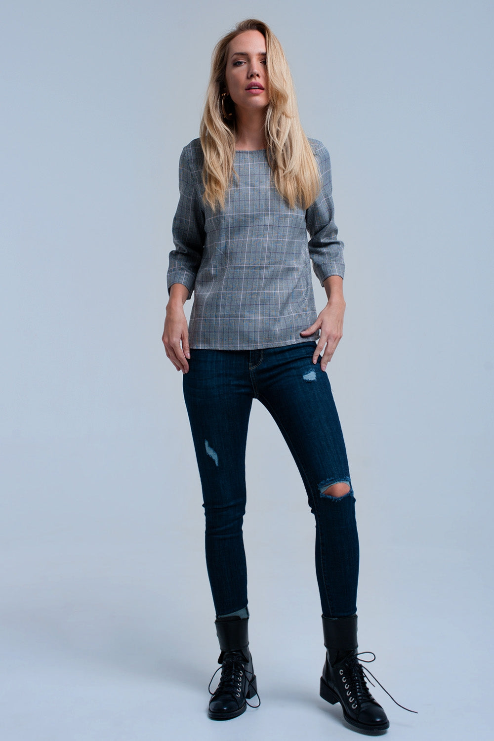 Top à motif tartan violet avec rubans