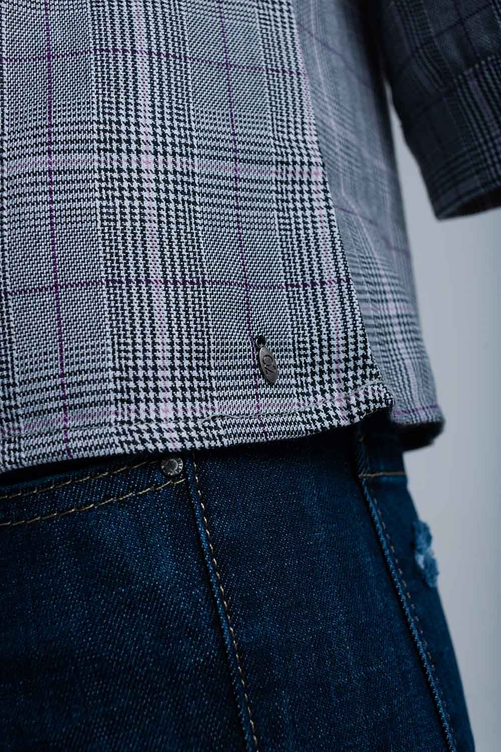 Top à motif tartan violet avec rubans