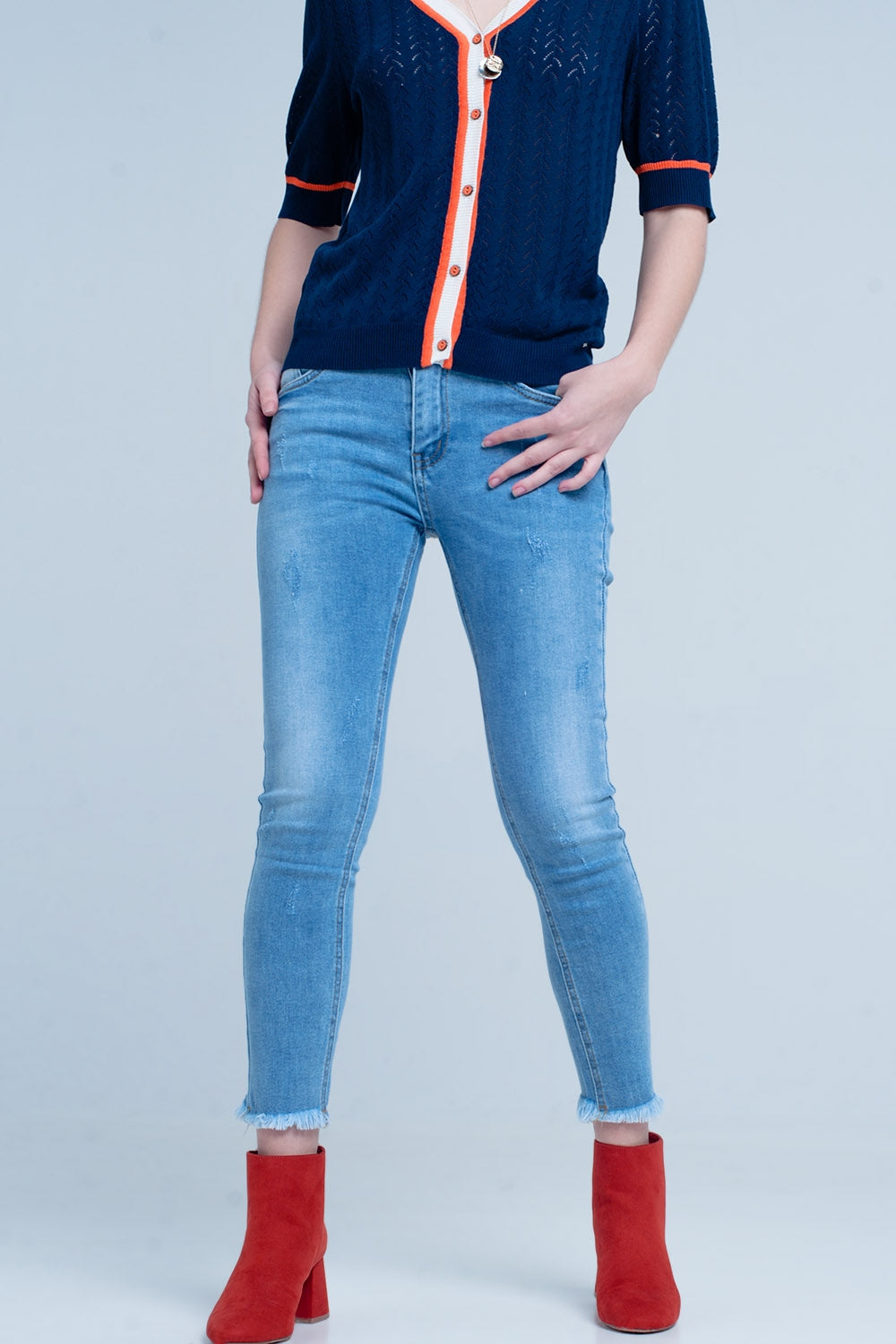 jeans skinny à franges à la basse