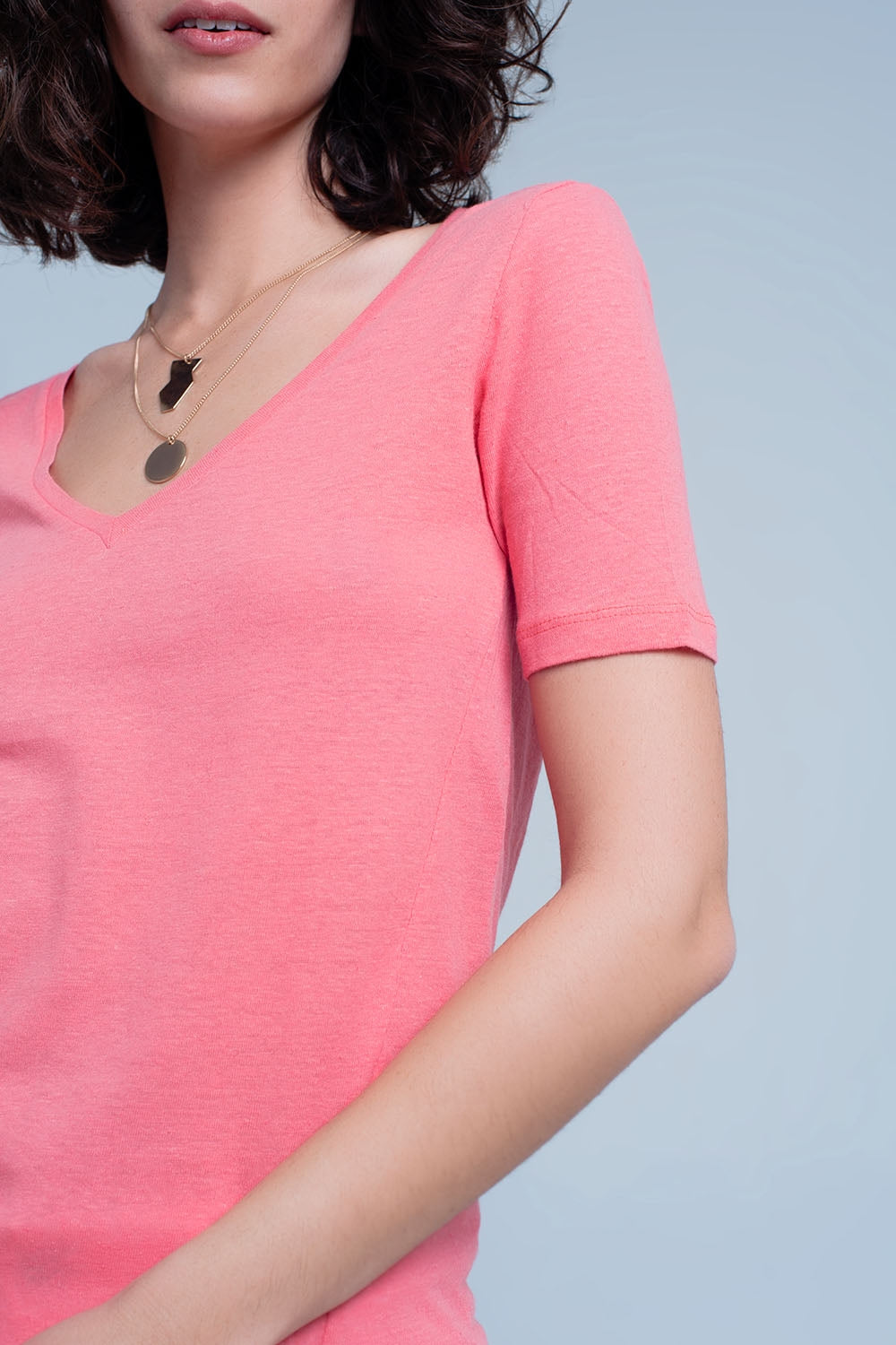 Basic T-shirt corail col V à manches courtes