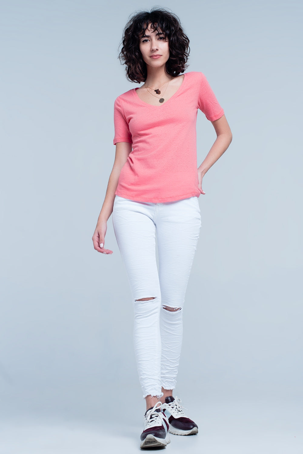 Basic T-shirt corail col V à manches courtes