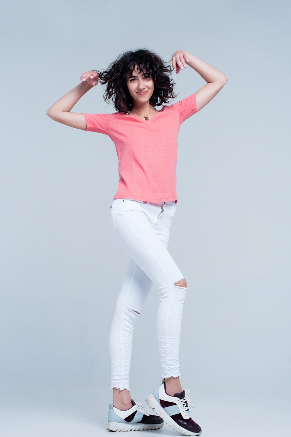 Basic T-shirt corail col V à manches courtes