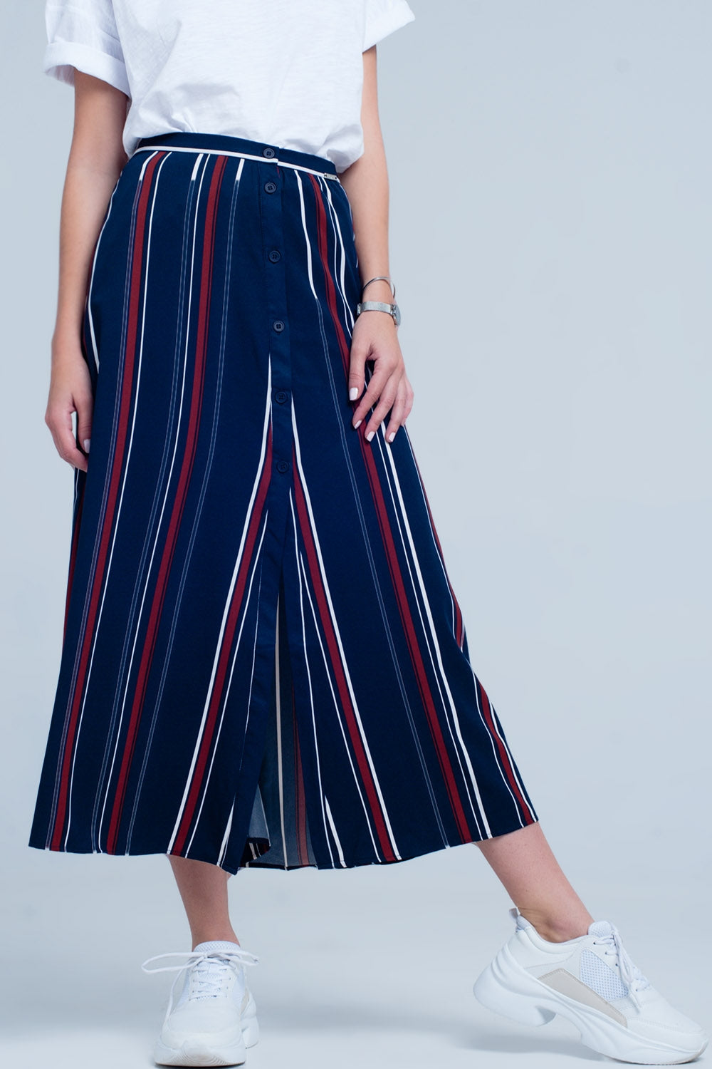Jupe midi rayée bleu marine
