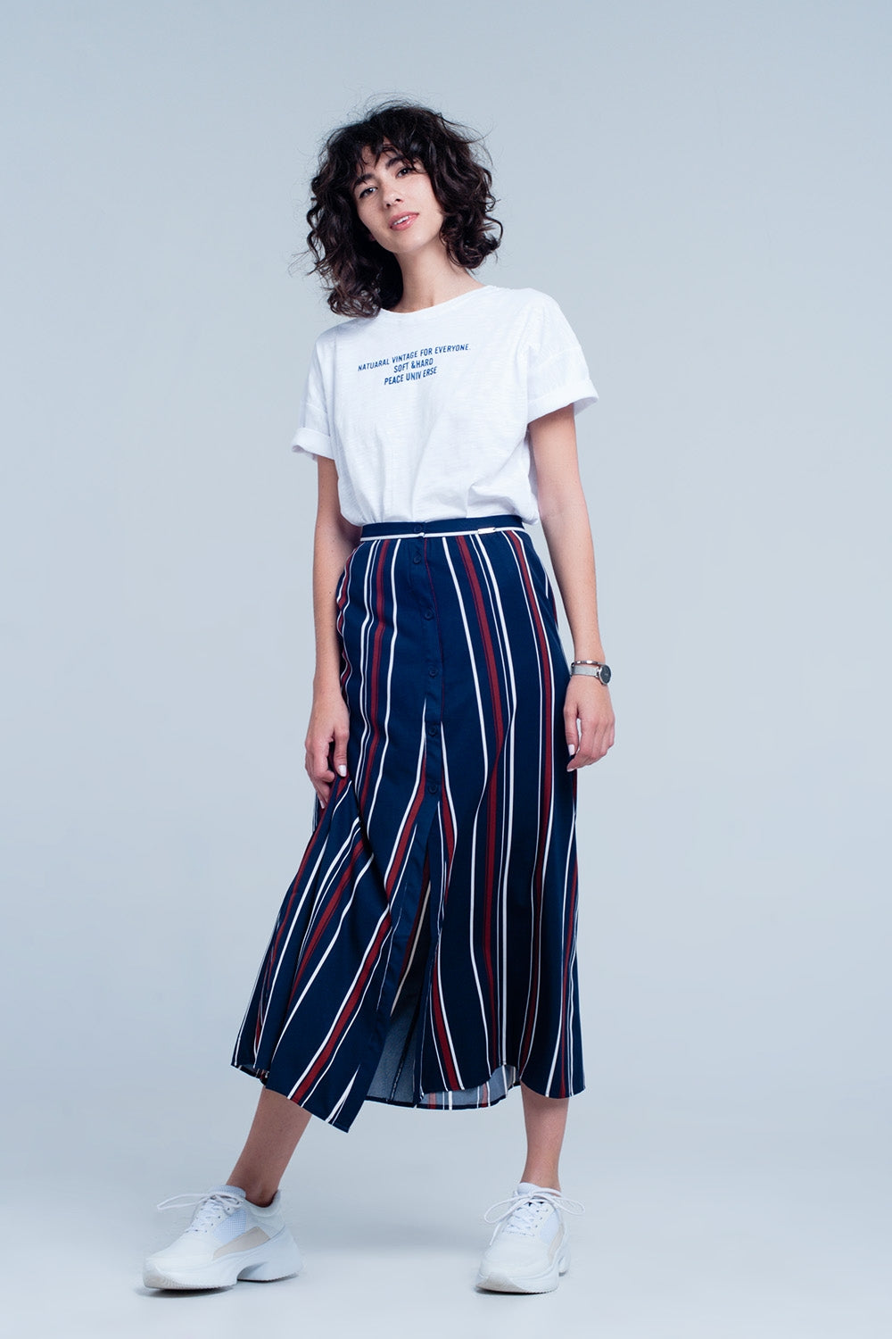 Jupe midi rayée bleu marine