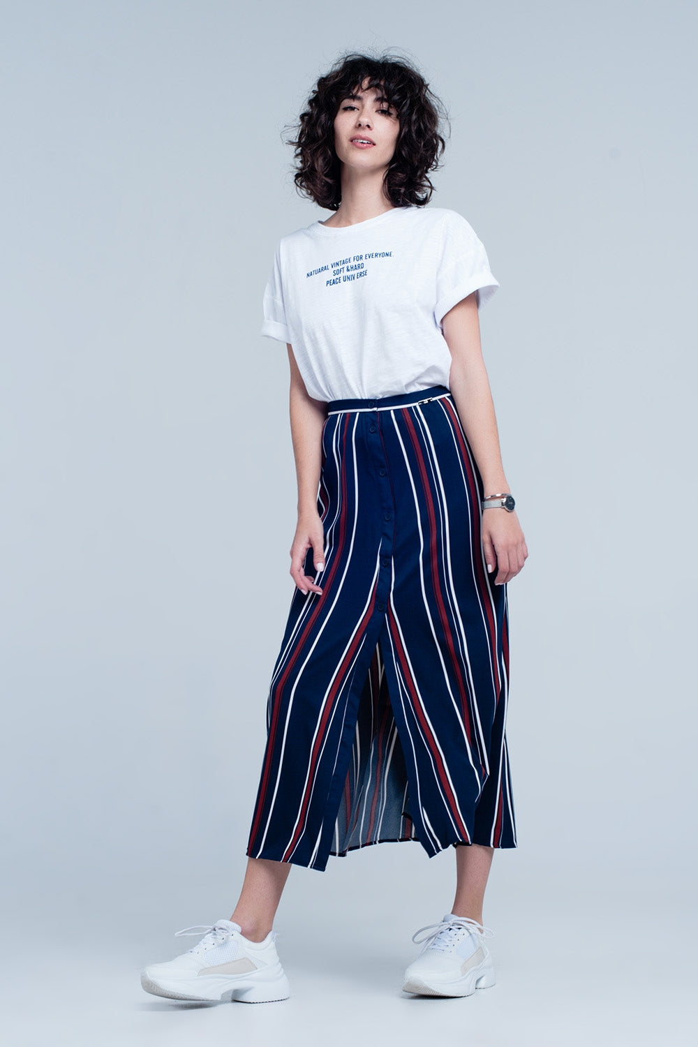 Jupe midi rayée bleu marine