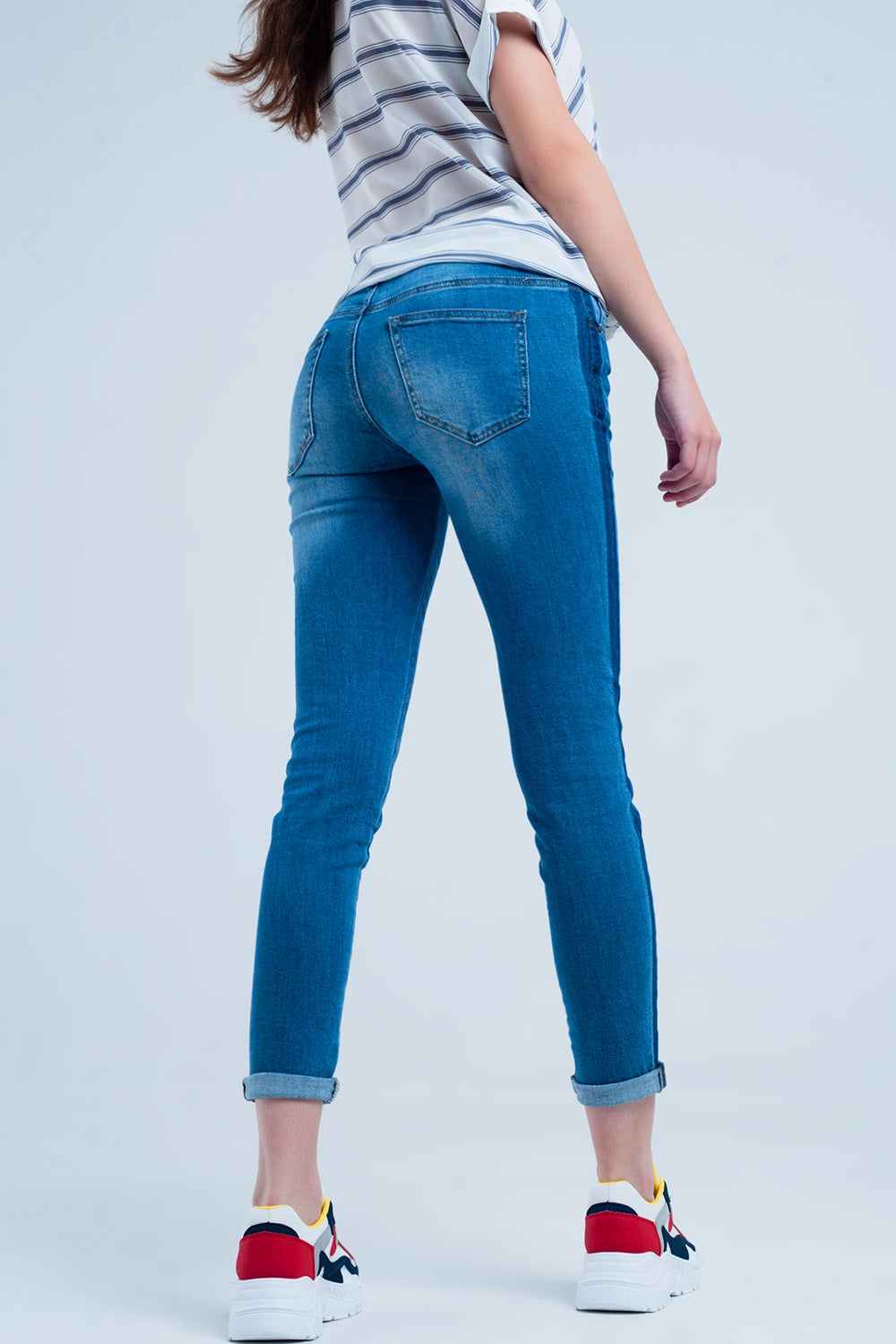 Jean skinny avec bandes bleu sur les côtés Bleu délavé