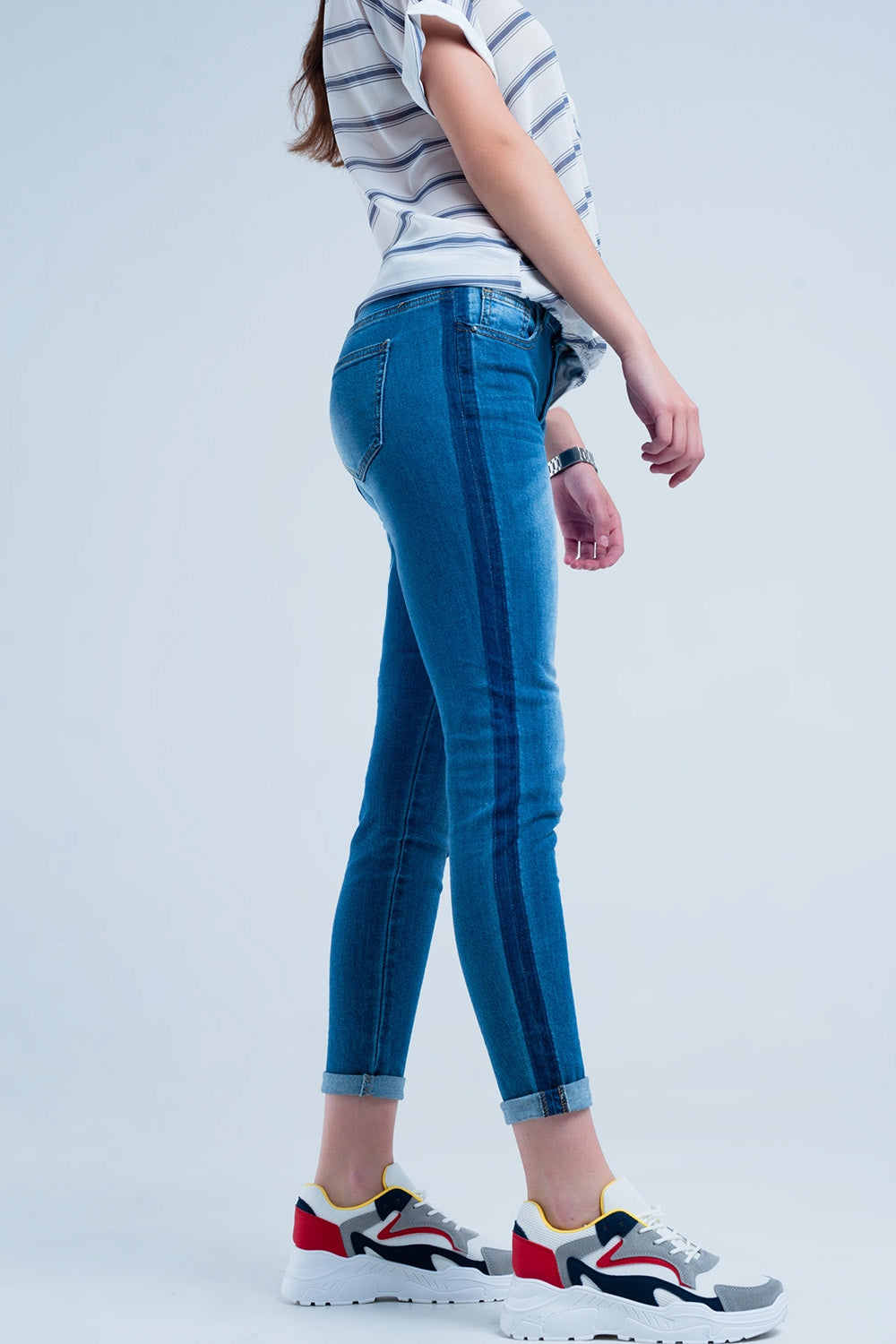 Jean skinny avec bandes bleu sur les côtés Bleu délavé