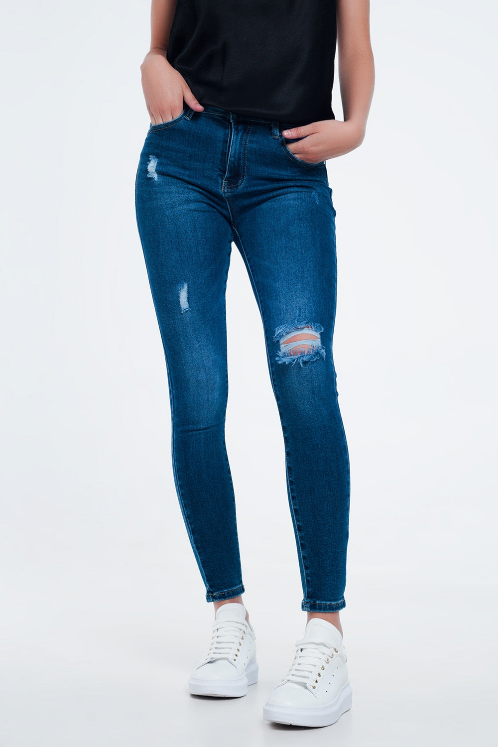 Jean skinny avec déchirures Bleu moyen