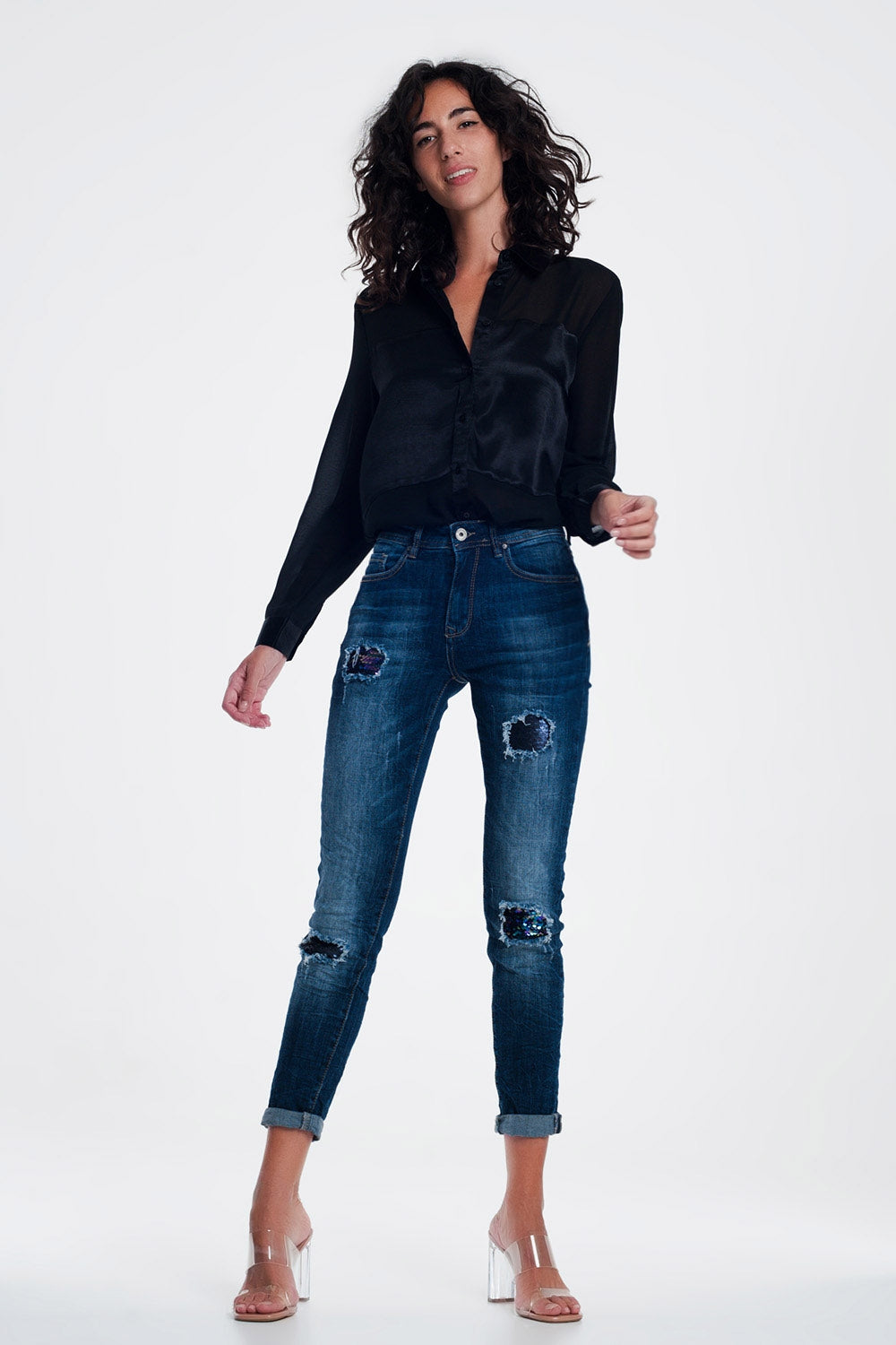 jean à sequins et déchirures
