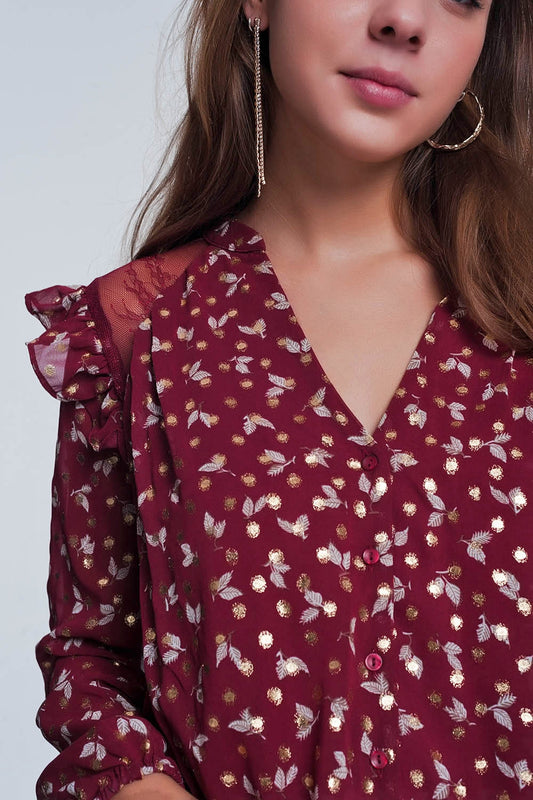 Chemise grenat imprimée avec épaules à volants