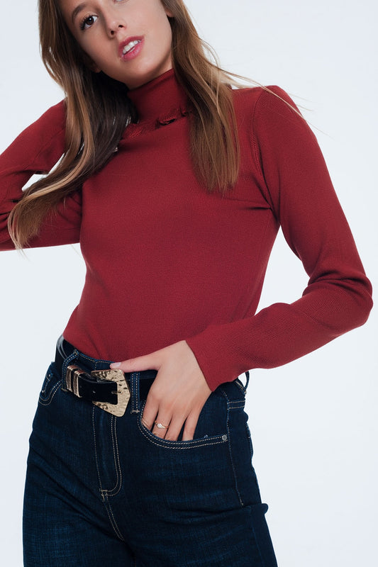Pull côtelé ajusté avec encolure à volants orange