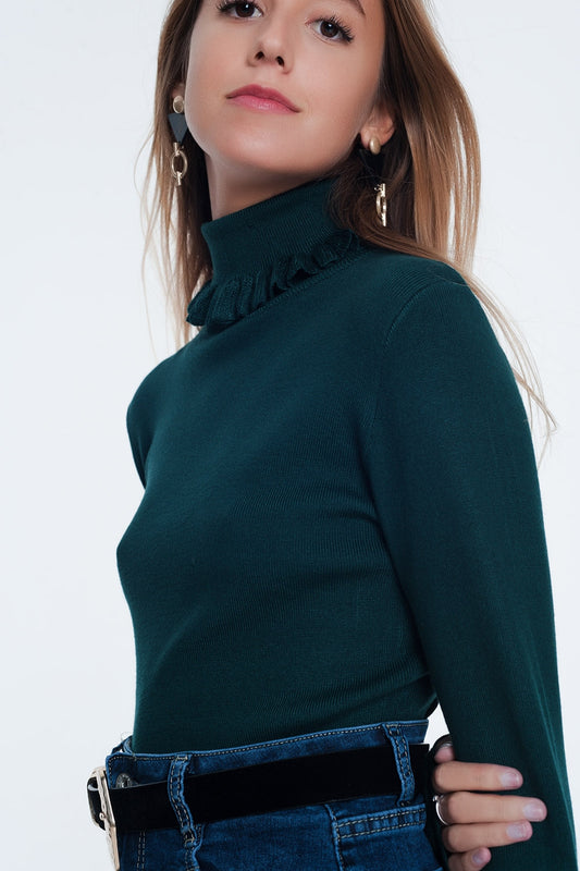Pull côtelé ajusté avec encolure à volants vert
