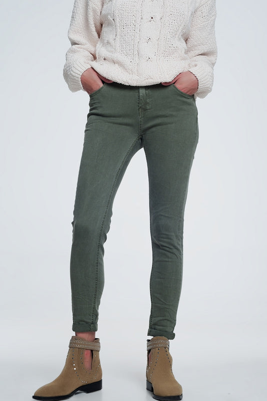 Jean skinny taille haute en vert
