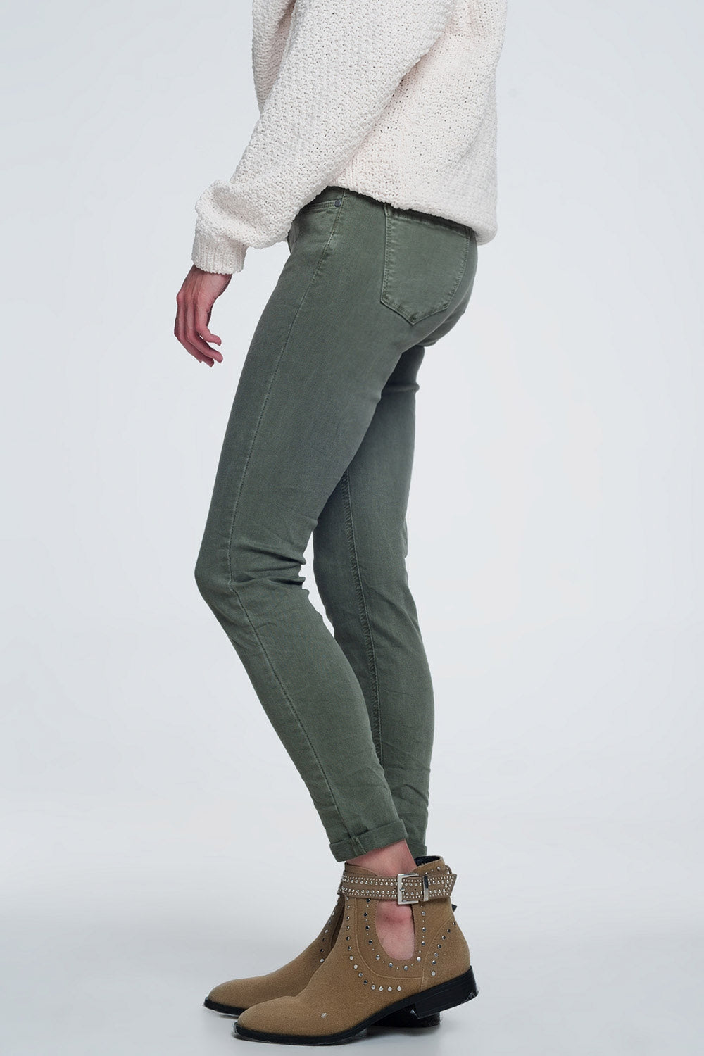 Jean skinny taille haute en vert