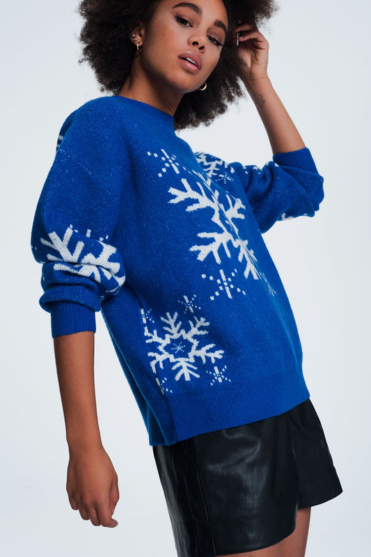 Pull de Noël motif flocon de neige en bleu