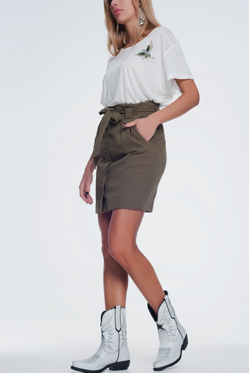 Jupe Mini longue boutonnée devant kaki