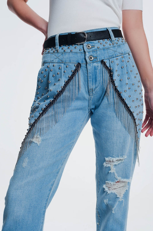 jean droit vintage déchiré avec clous