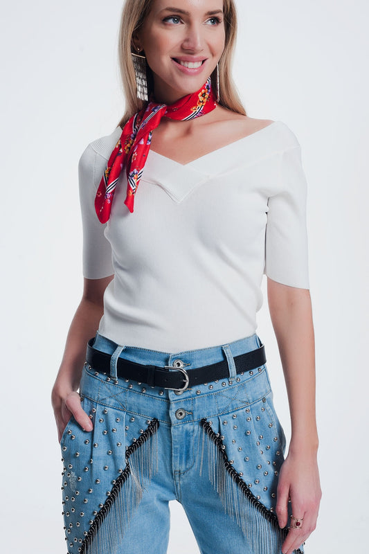 Pull à col V Crème