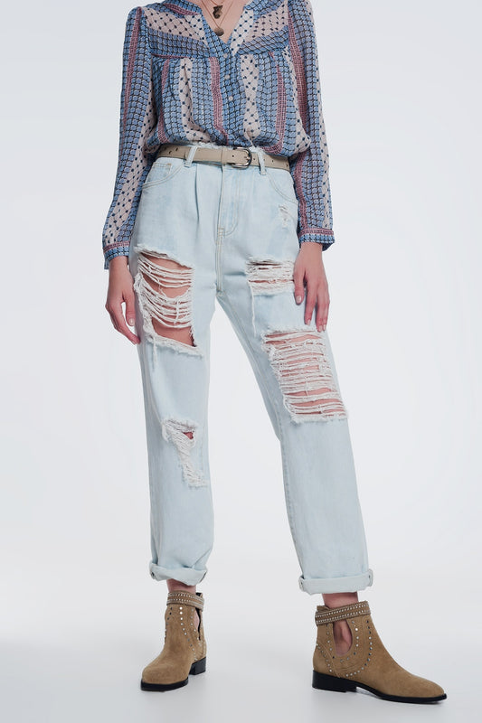 Jean boyfriend déchiré Bleu clair