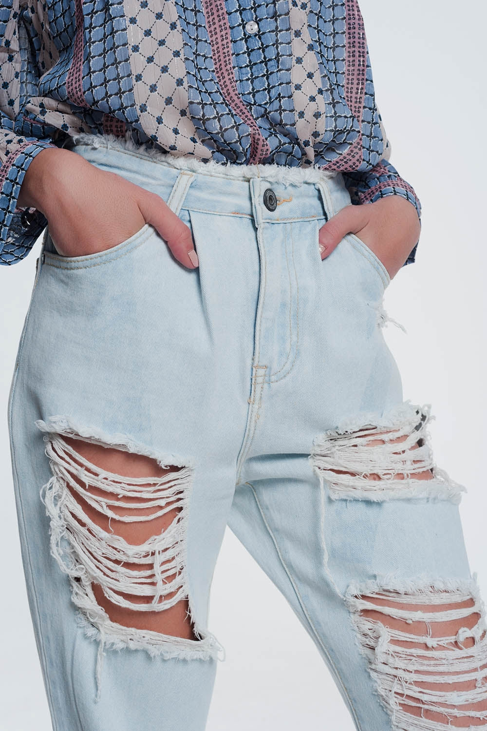 Jean boyfriend déchiré Bleu clair
