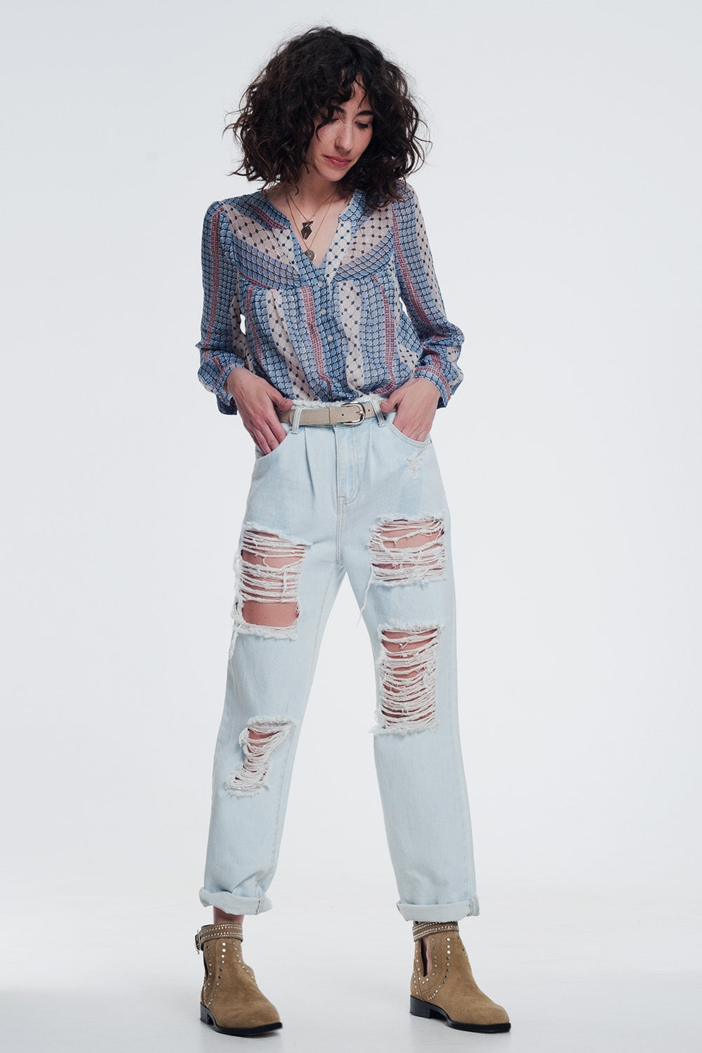 Jean boyfriend déchiré Bleu clair