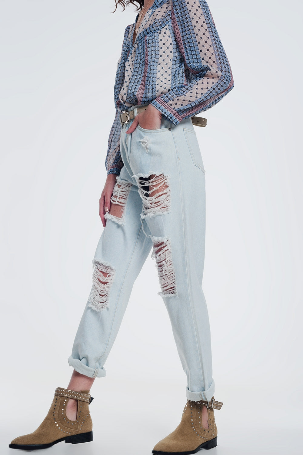 Jean boyfriend déchiré Bleu clair