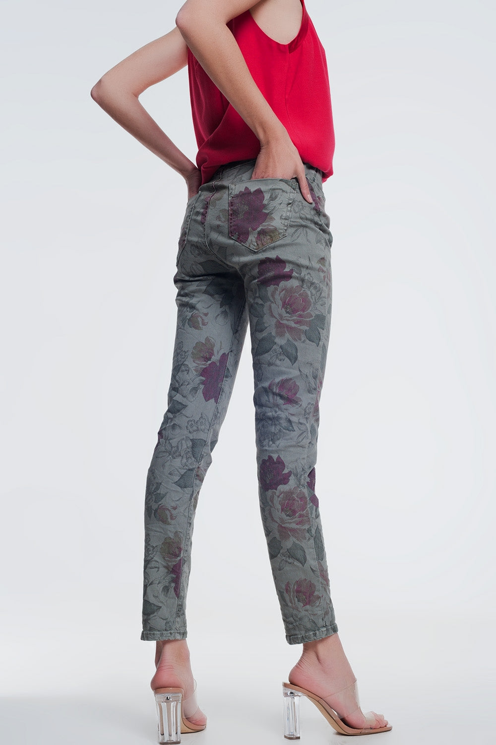jean boyfriend kaki à imprimé floral