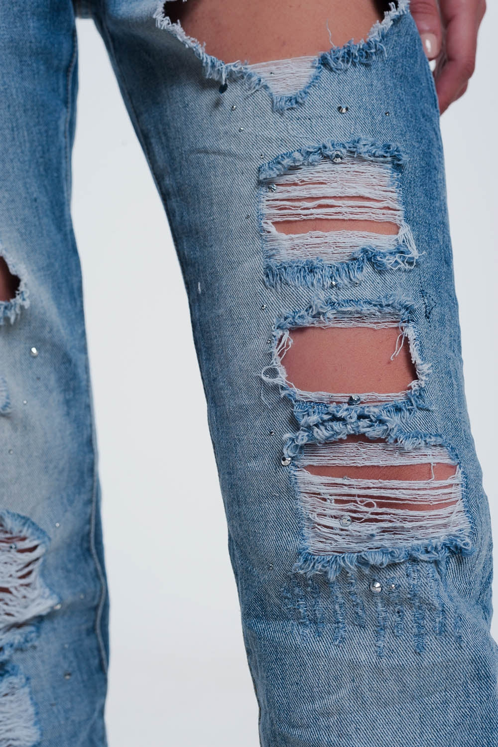Jean droit ultra taille haute à déchirures Bleu clair
