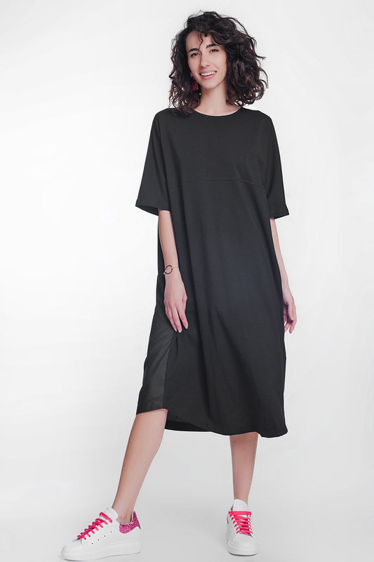Robe babydoll mi-longue en popeline noir