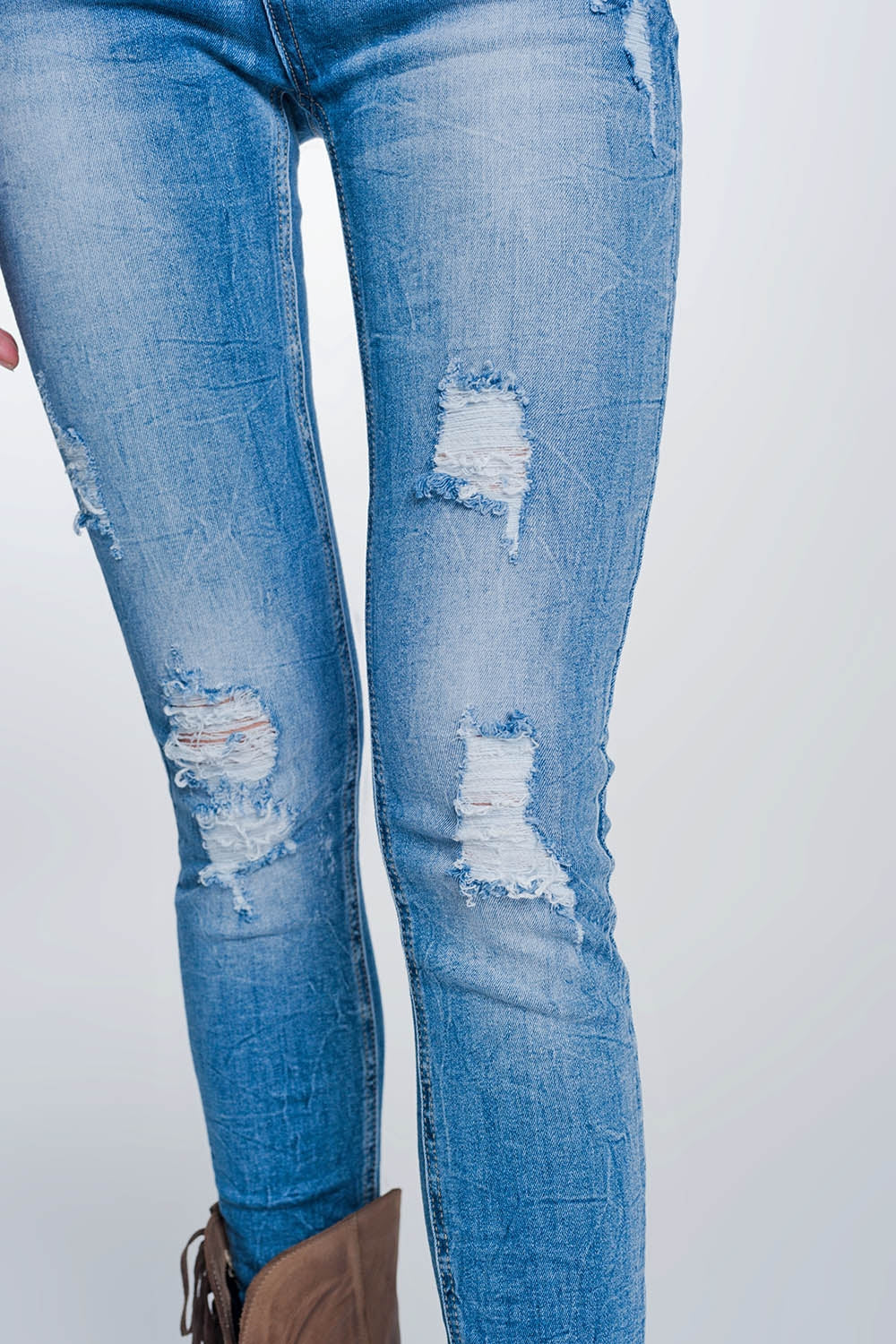 Jean super skinny à grosses déchirures bleu vintage