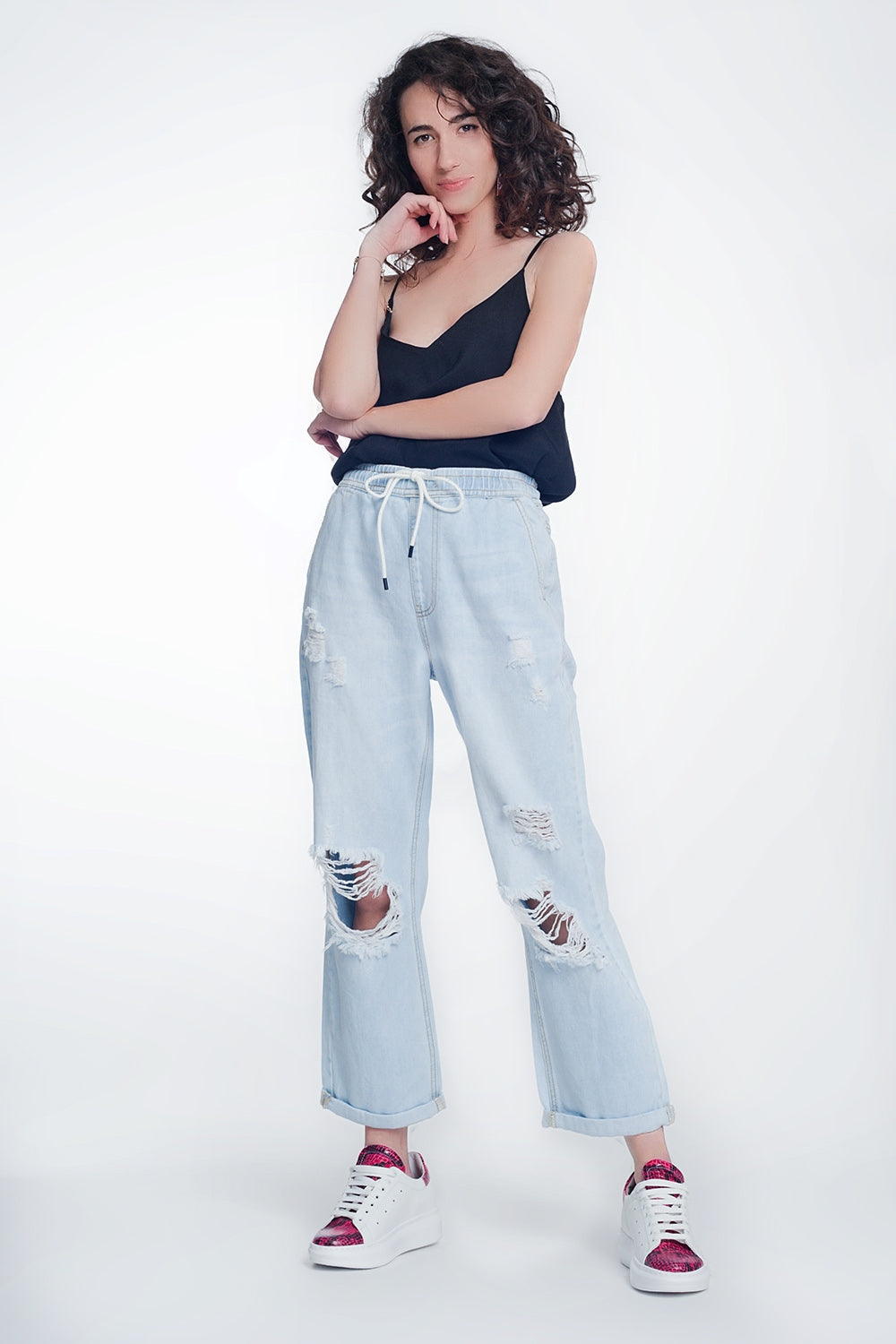 Jean court et droit à taille haute bleu clair délavé