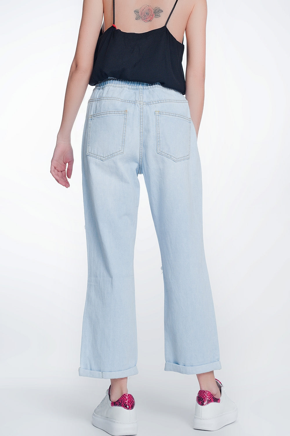 Jean court et droit à taille haute bleu clair délavé