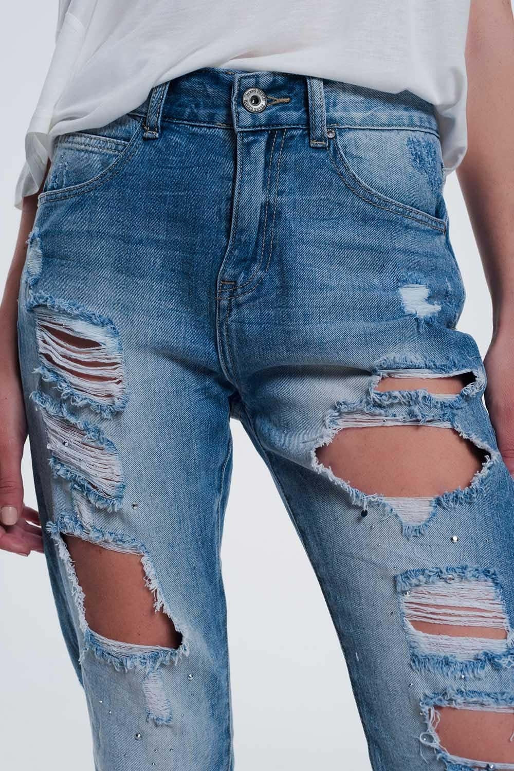 Jean droit ultra taille haute à déchirures Bleu clair
