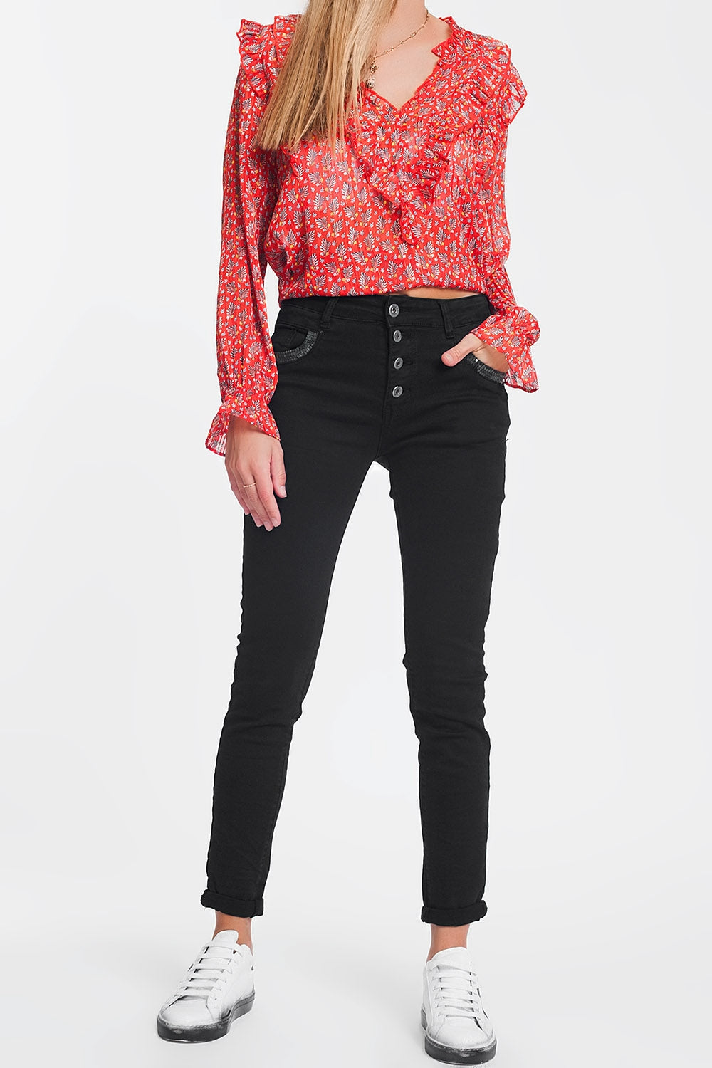 Pantalon boyfriend noir avec le détail de poche de sequin