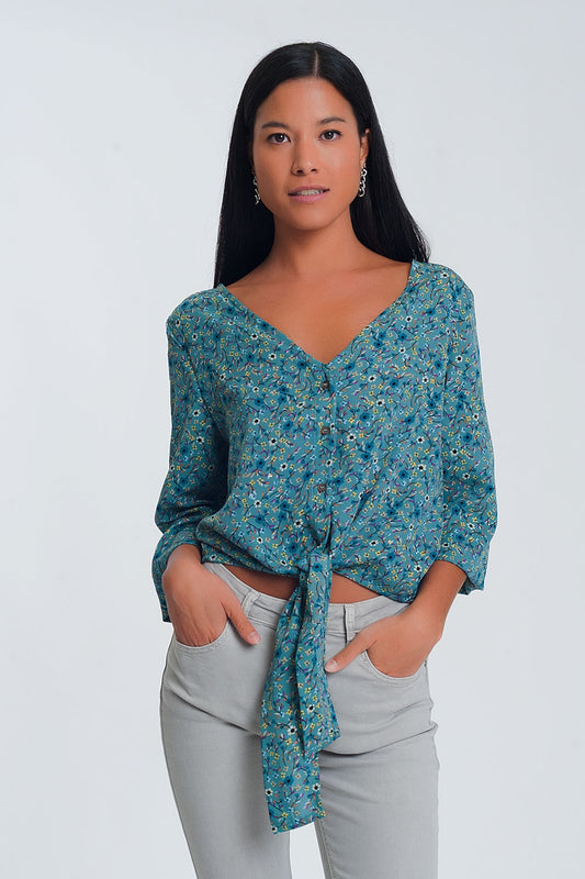 Blouse col V à manches longues boutons et imprimé fleuri vert