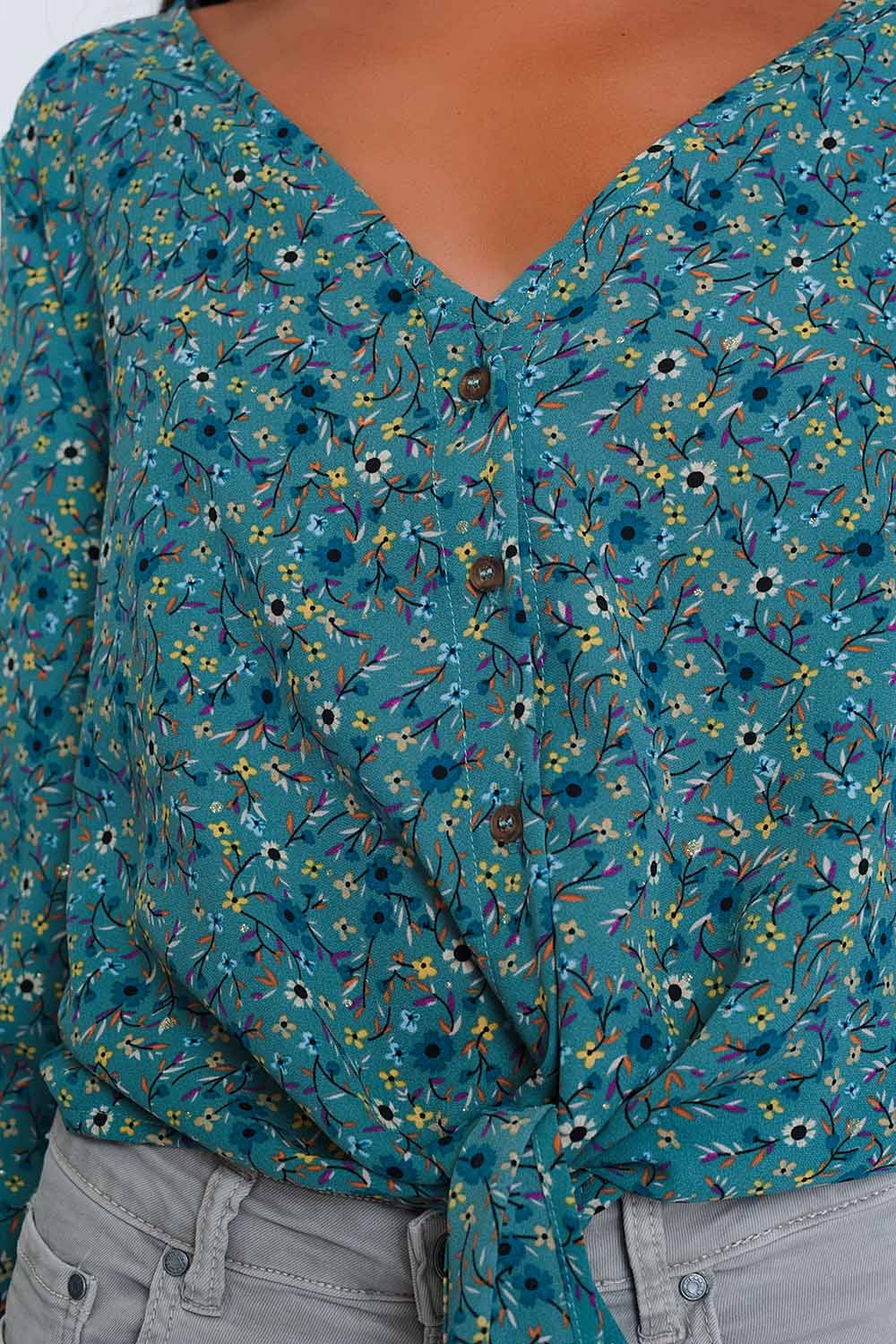 Blouse col V à manches longues boutons et imprimé fleuri vert