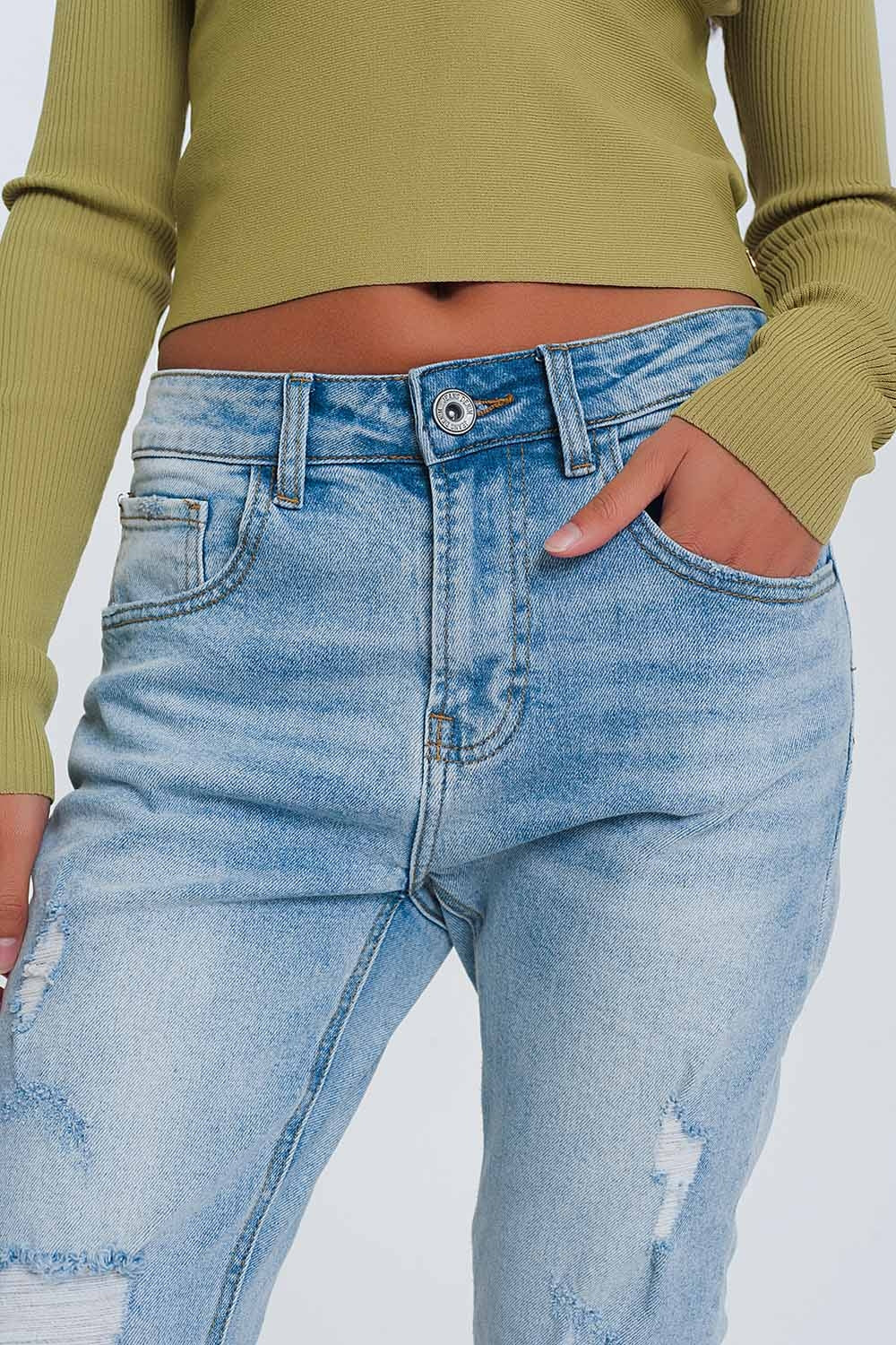 Jean boyfriend déchiré  - Bleu clair