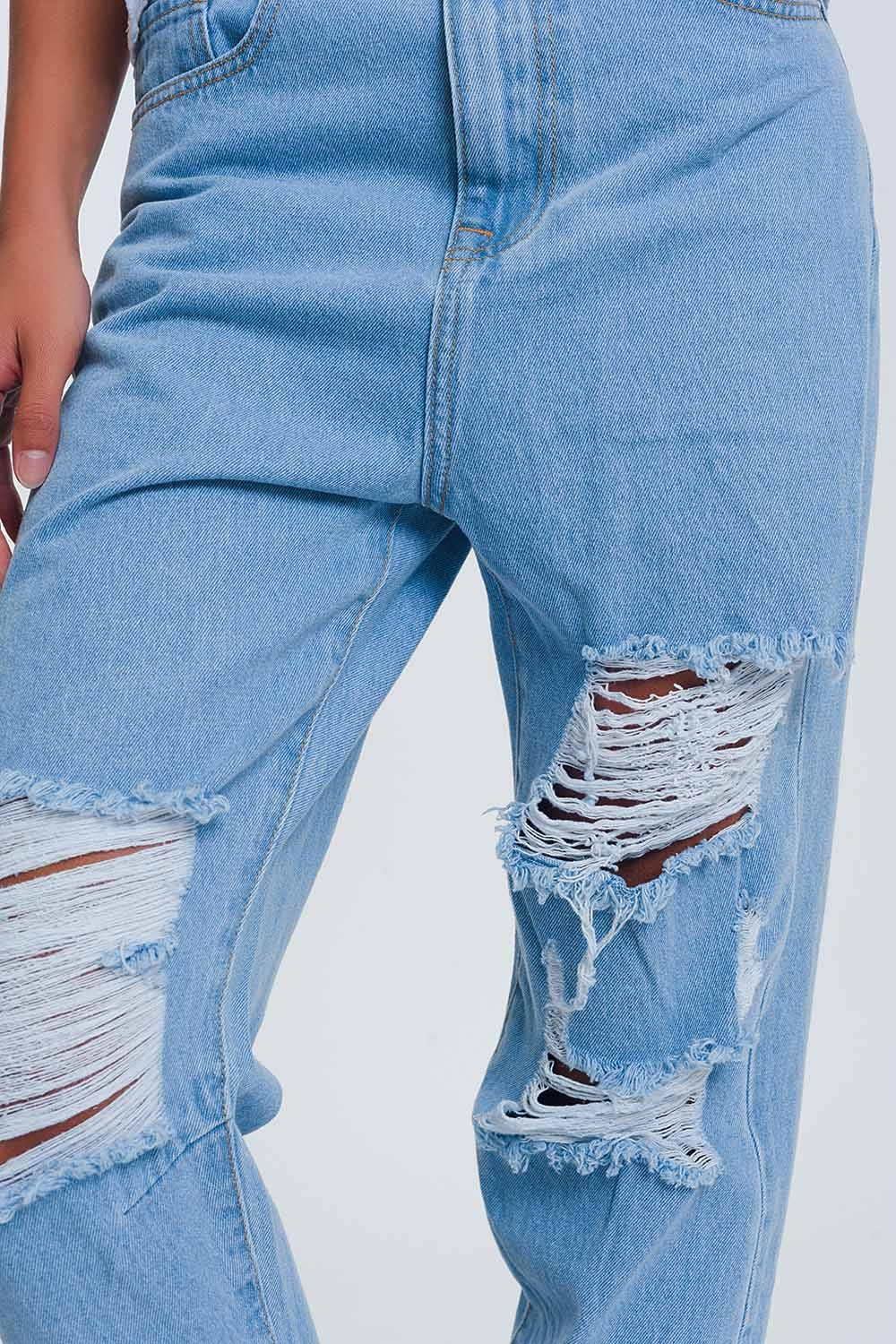 Jean mom taille haute avec genoux déchirés - Bleu Clair