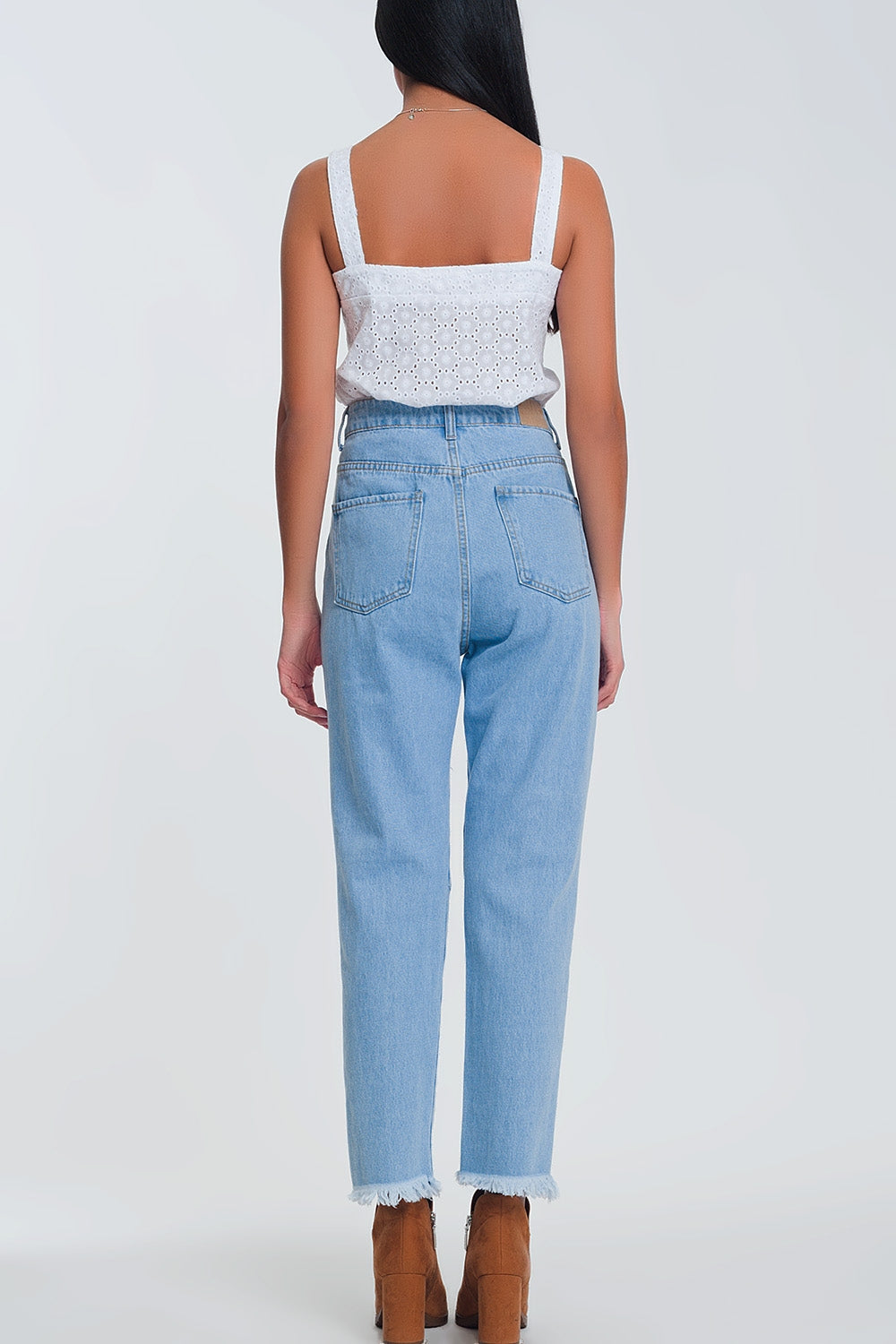 Jean mom taille haute avec genoux déchirés - Bleu Clair